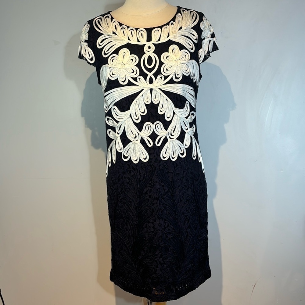 Today’s Designer Navy blue and white elegant tapework lace design dress size 14
